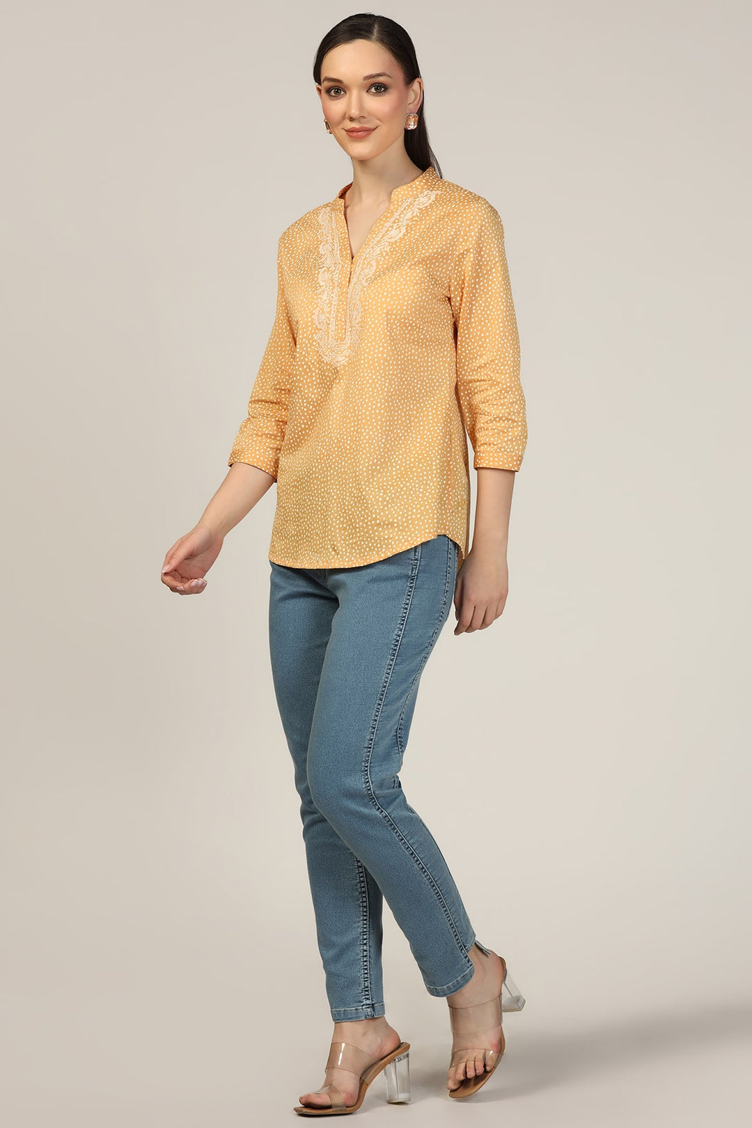 Mustard Embroidered Rayon Mandarin Top