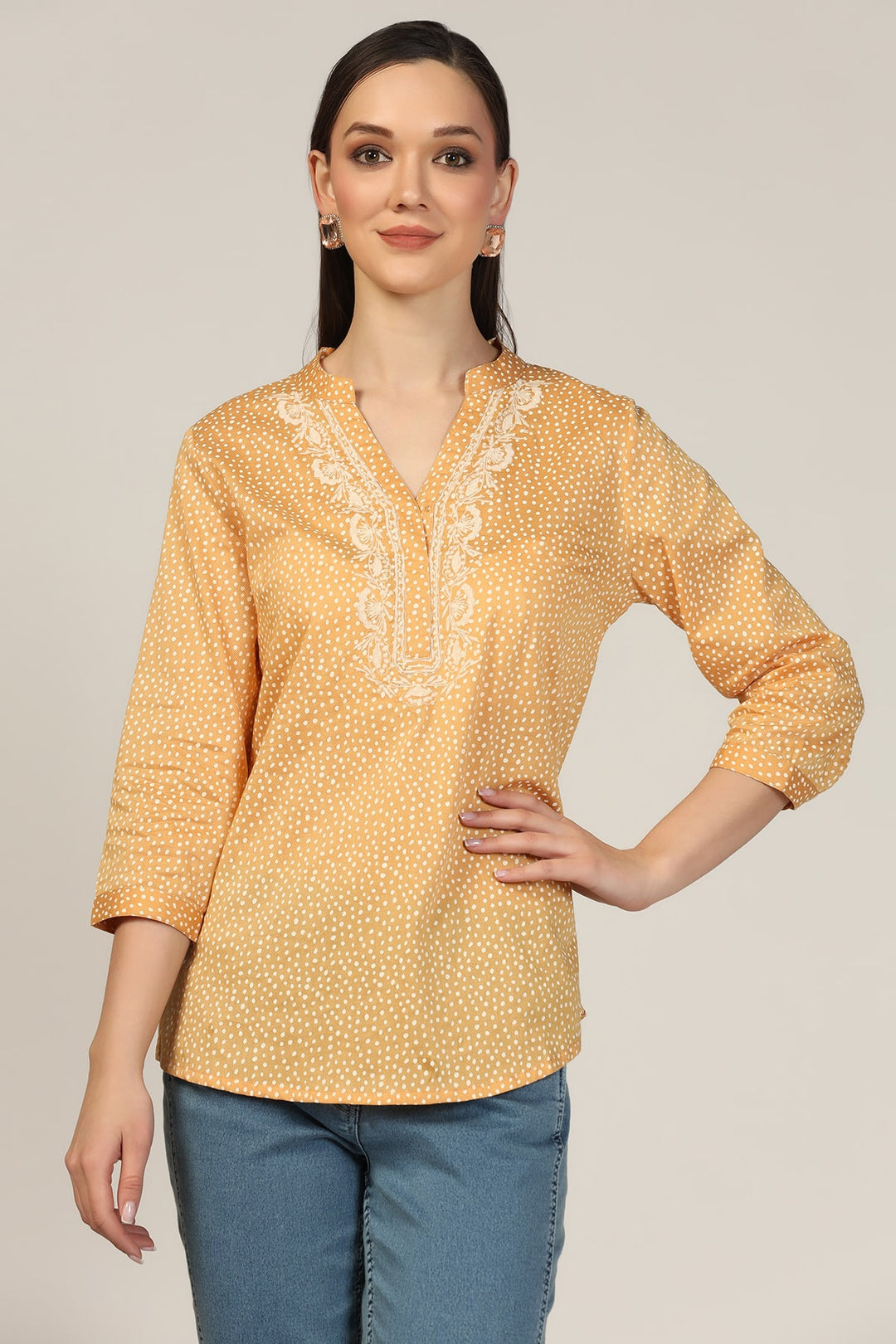Mustard Embroidered Rayon Mandarin Top