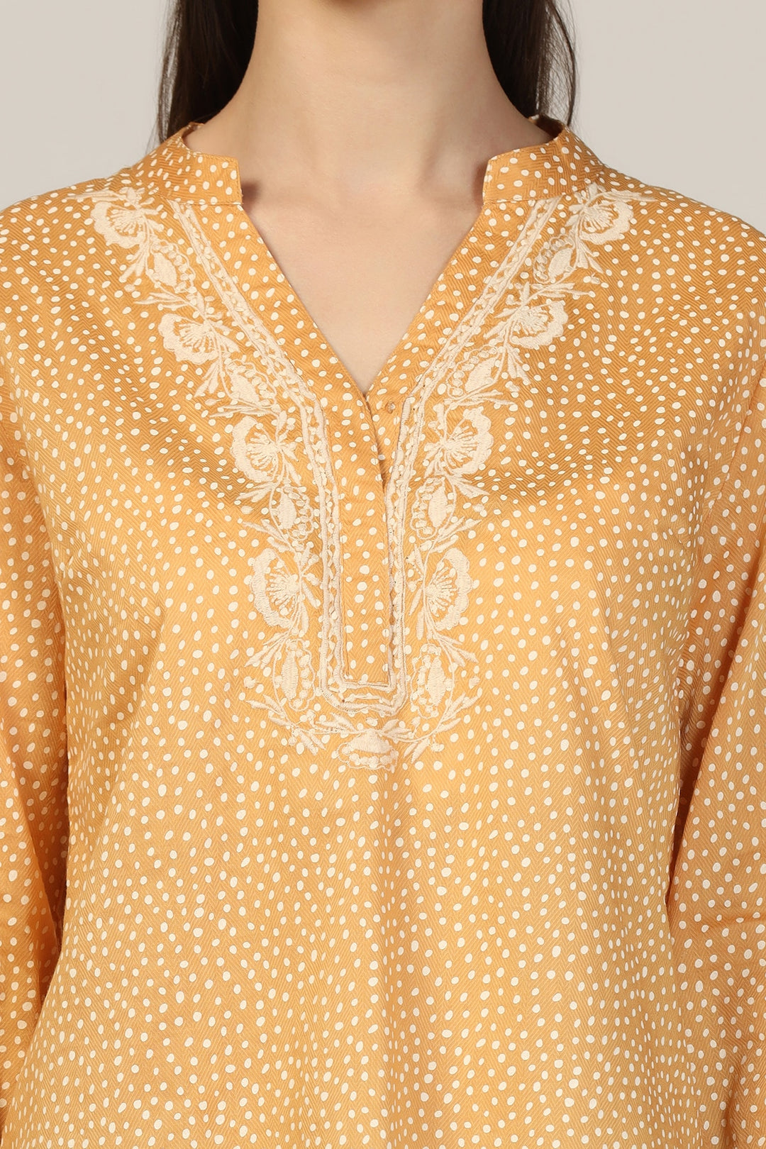 Mustard Embroidered Rayon Mandarin Top
