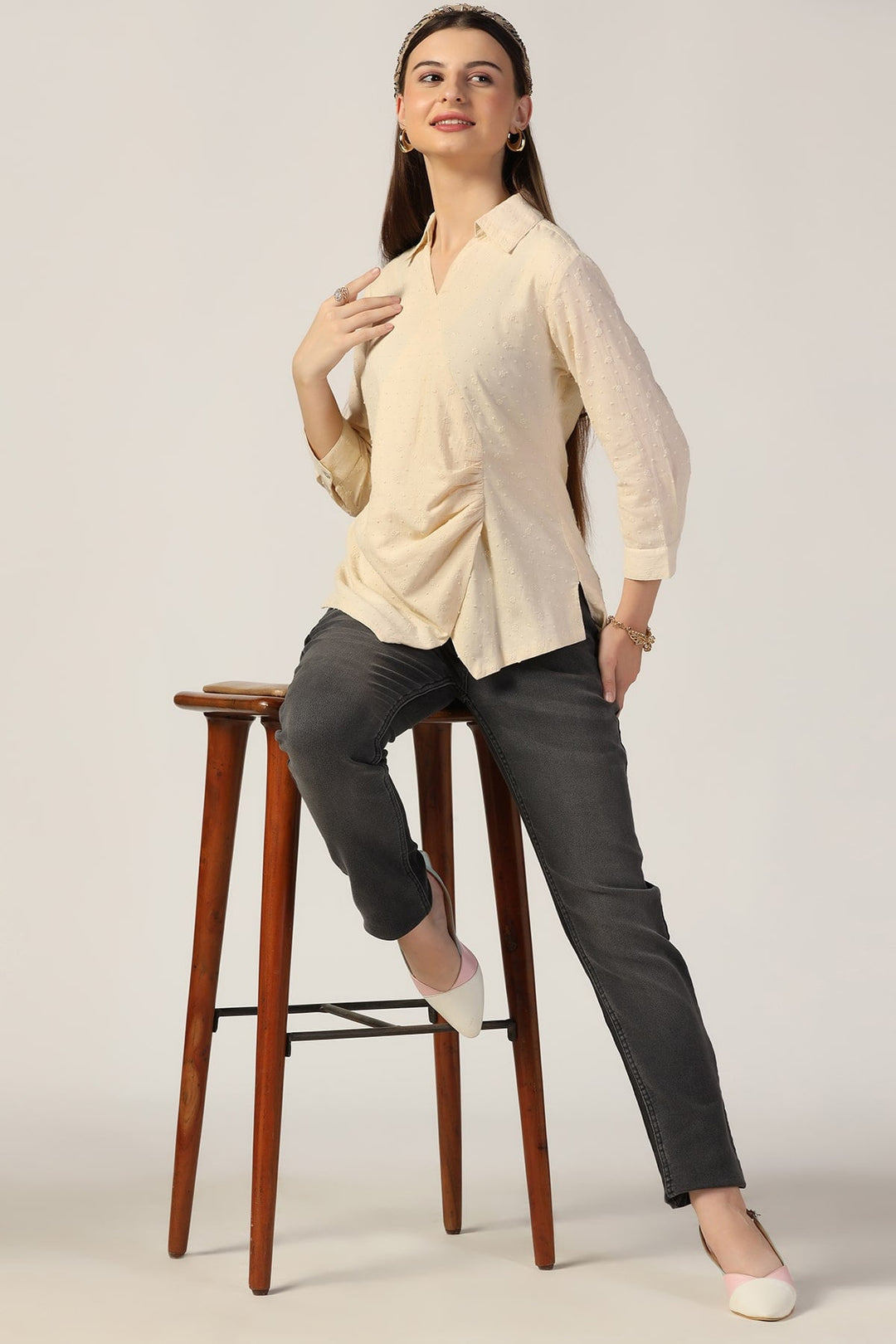 Beige Embroidered Cotton Top with Collar