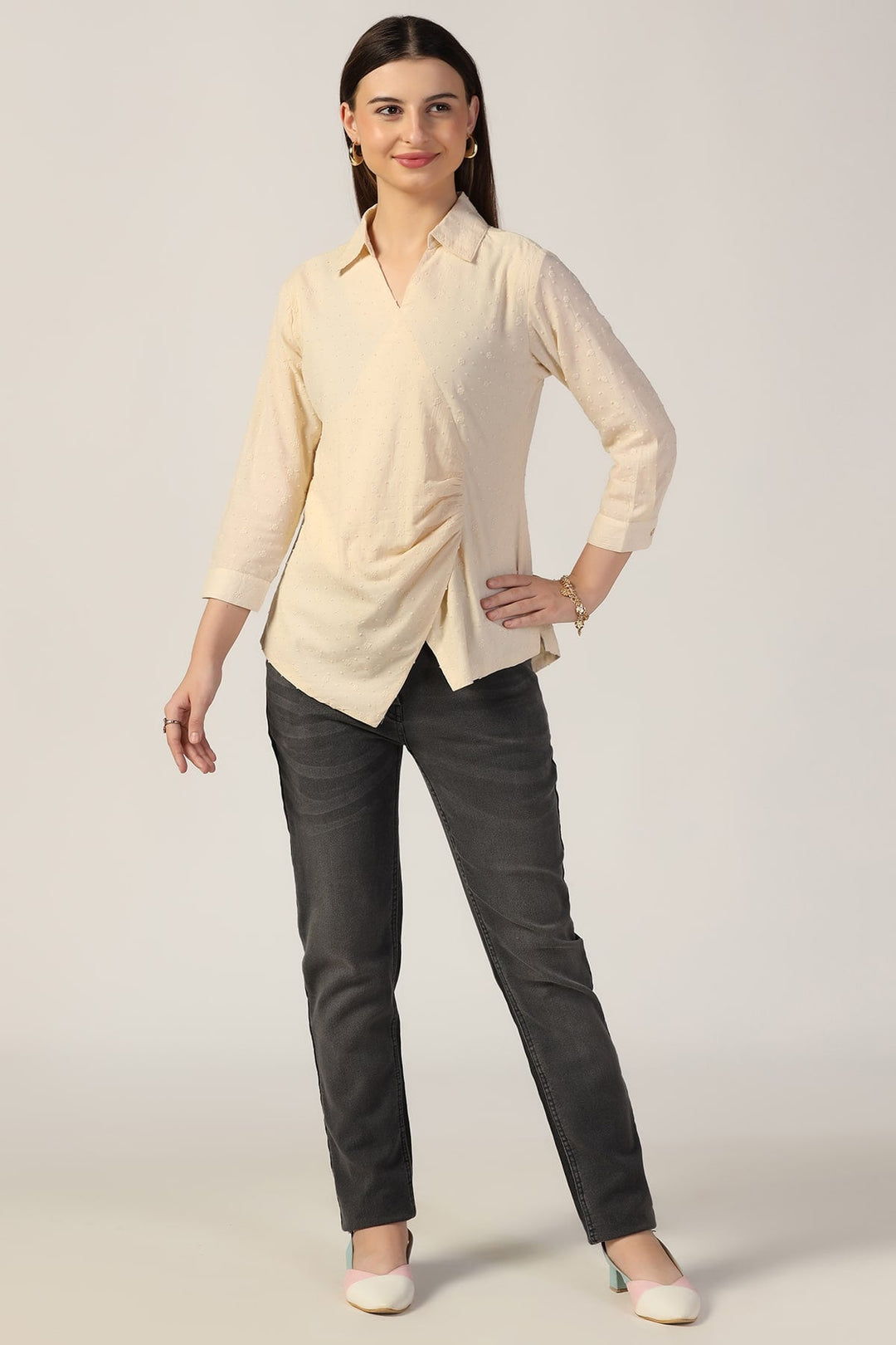 Beige Embroidered Cotton Top with Collar