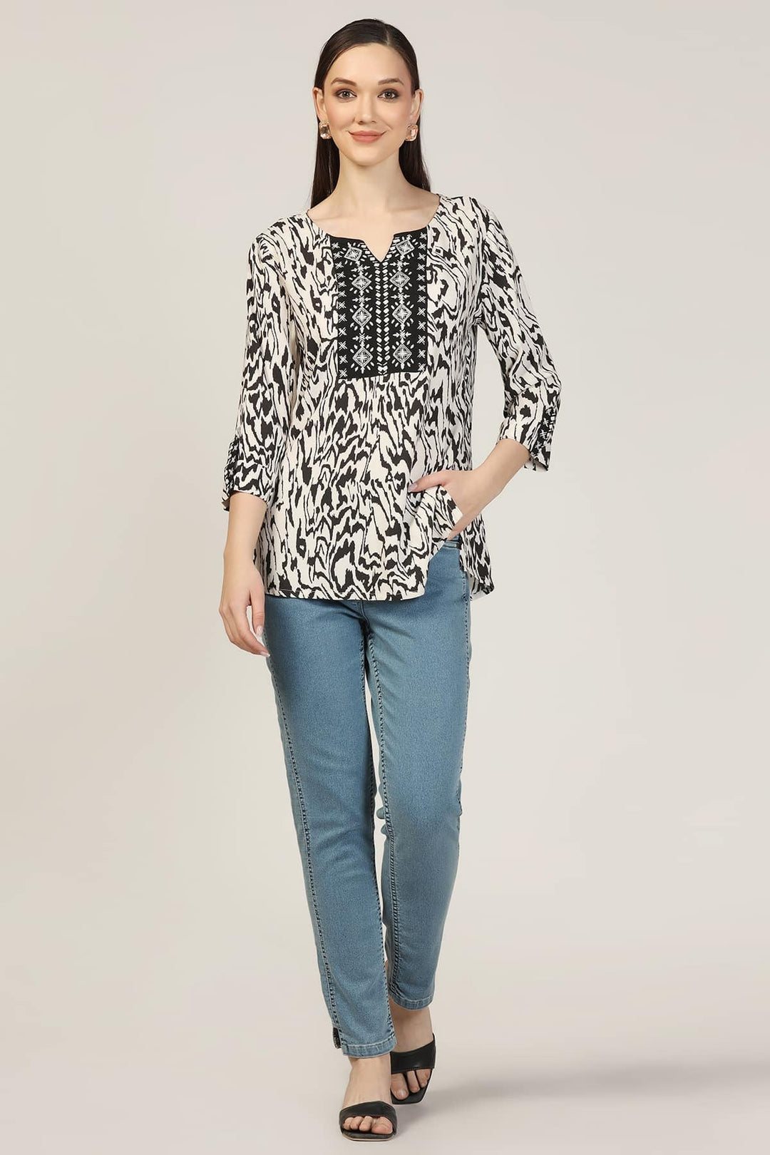 Embroidered Rayon Round Neck Top