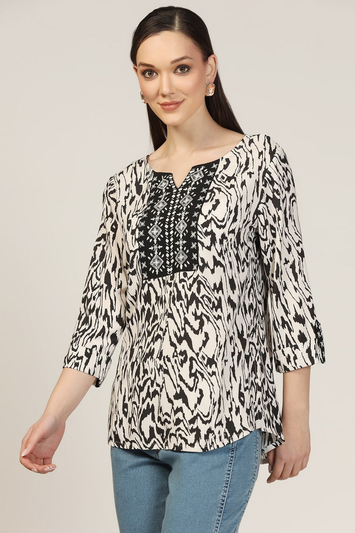 Embroidered Rayon Round Neck Top