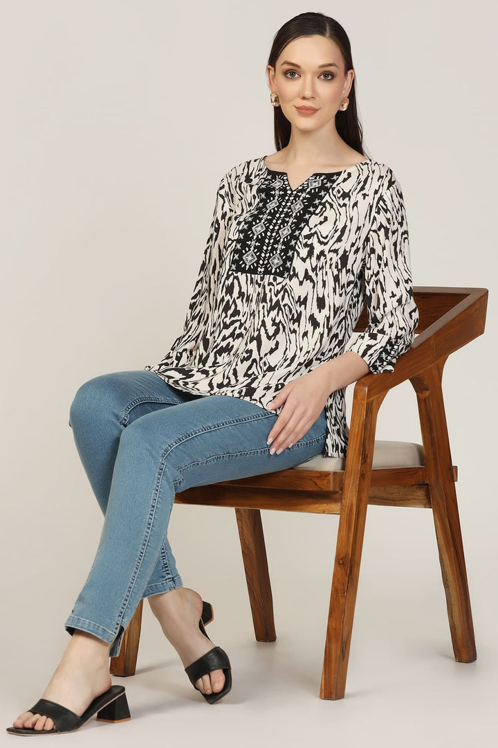 Embroidered Rayon Round Neck Top