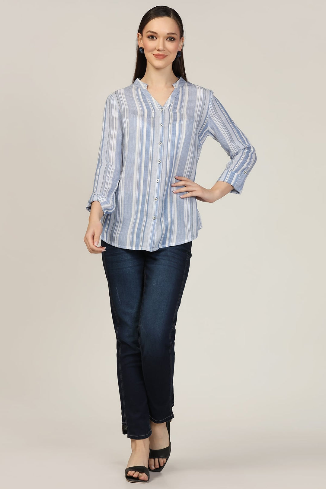 Light Blue Striped Cotton Yarn Dyed Mandarin Shirt
