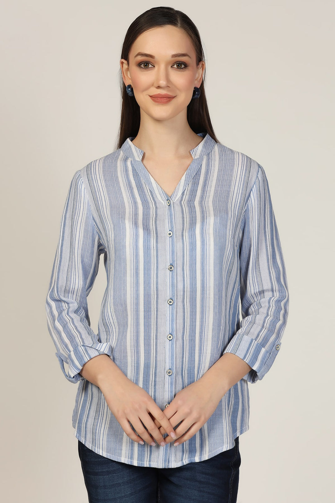 Light Blue Striped Cotton Yarn Dyed Mandarin Shirt