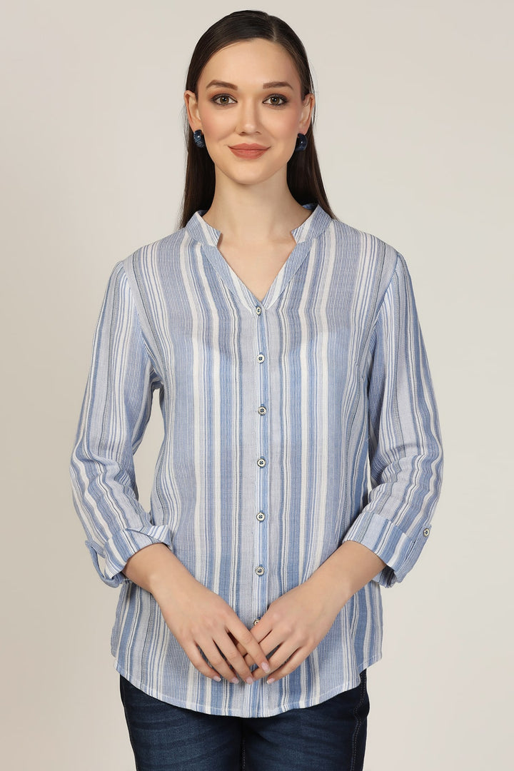 Light Blue Striped Cotton Yarn Dyed Mandarin Shirt