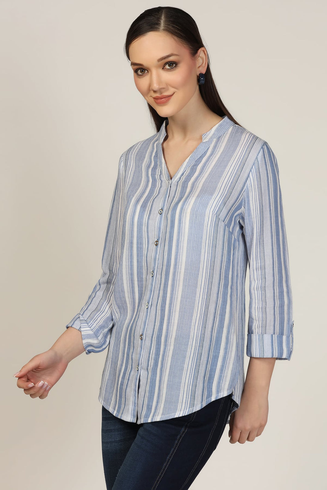 Light Blue Striped Cotton Yarn Dyed Mandarin Shirt