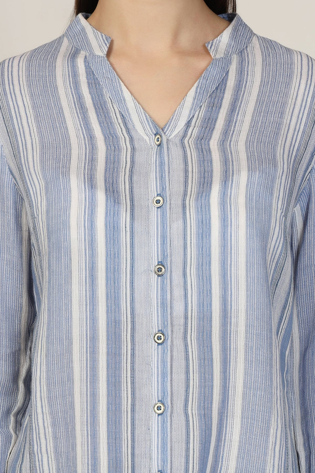 Light Blue Striped Cotton Yarn Dyed Mandarin Shirt