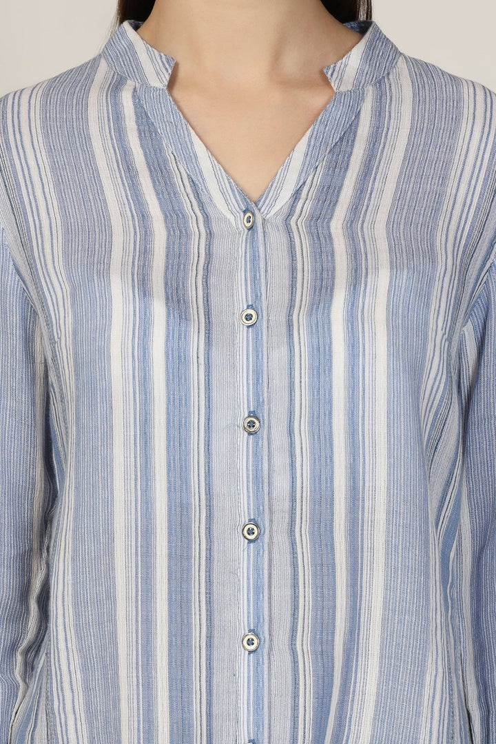 Light Blue Striped Cotton Yarn Dyed Mandarin Shirt