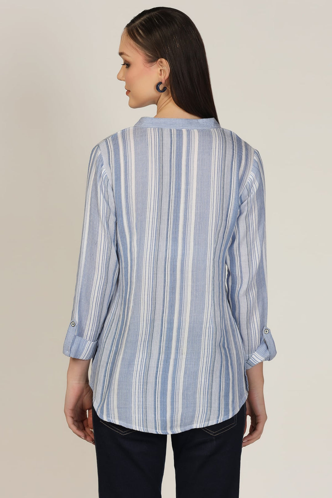 Light Blue Striped Cotton Yarn Dyed Mandarin Shirt