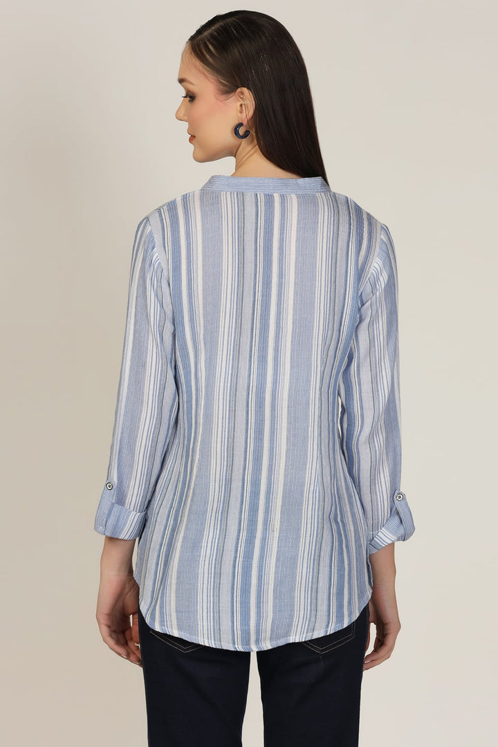 Light Blue Striped Cotton Yarn Dyed Mandarin Shirt