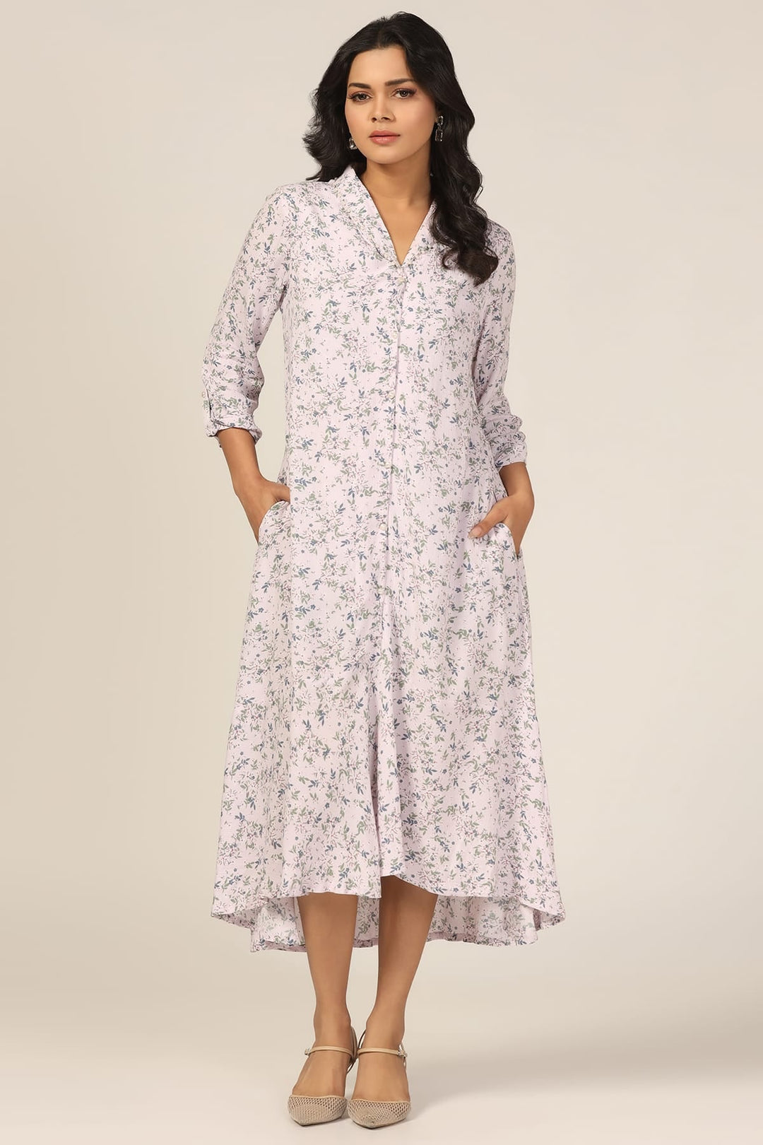 Light Pink Printed Viscose Crepe Dress