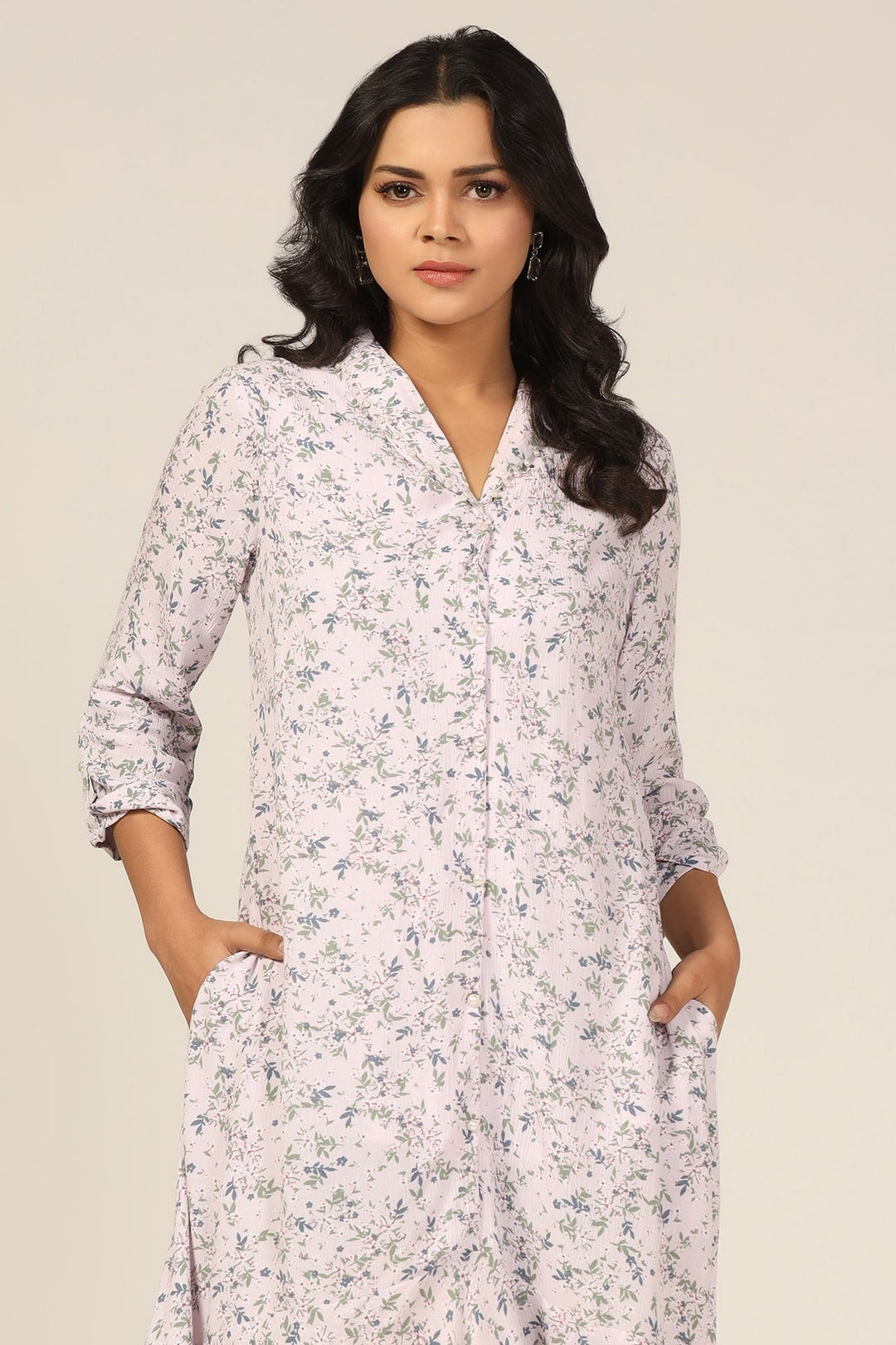 Light Pink Printed Viscose Crepe Dress