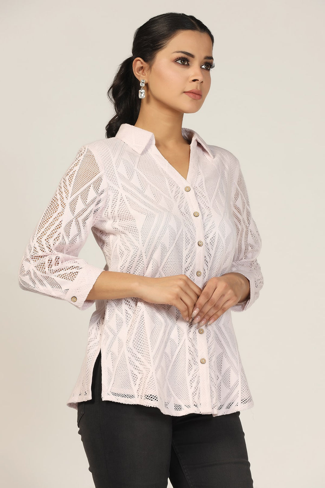 Lavender Collared Cotton Net Shirt
