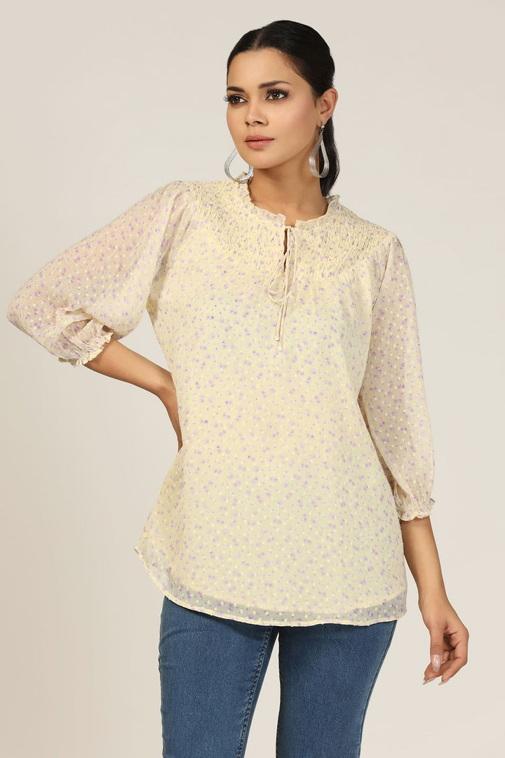 Yellow Printed Chiffon Buta Top