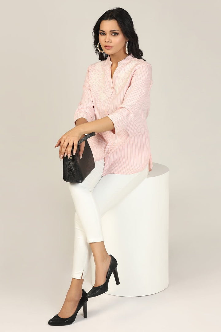 Peach Embroidered Mandarin Shirt