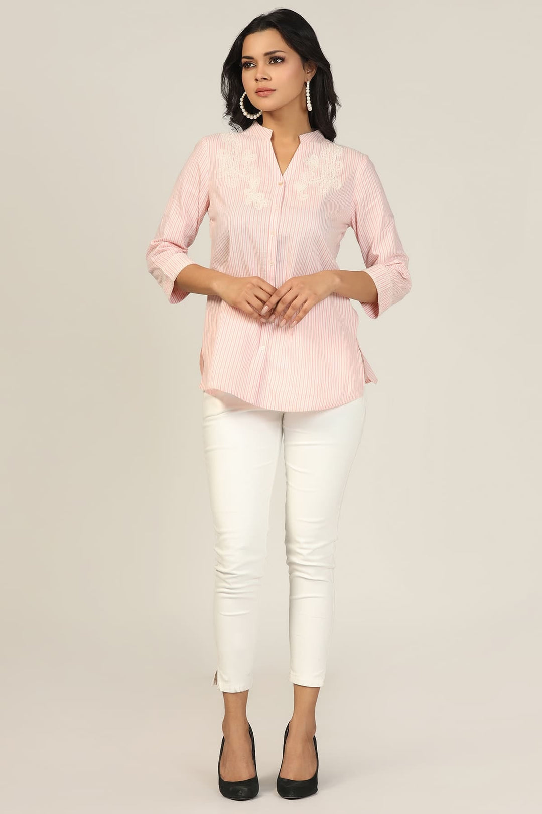 Peach Embroidered Mandarin Shirt