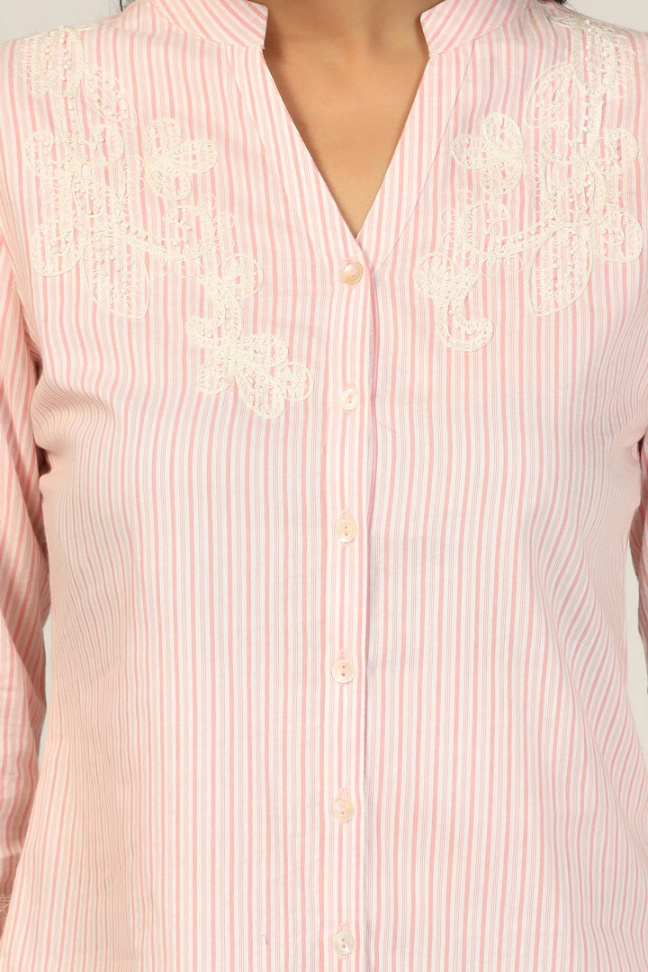 Peach Embroidered Mandarin Shirt