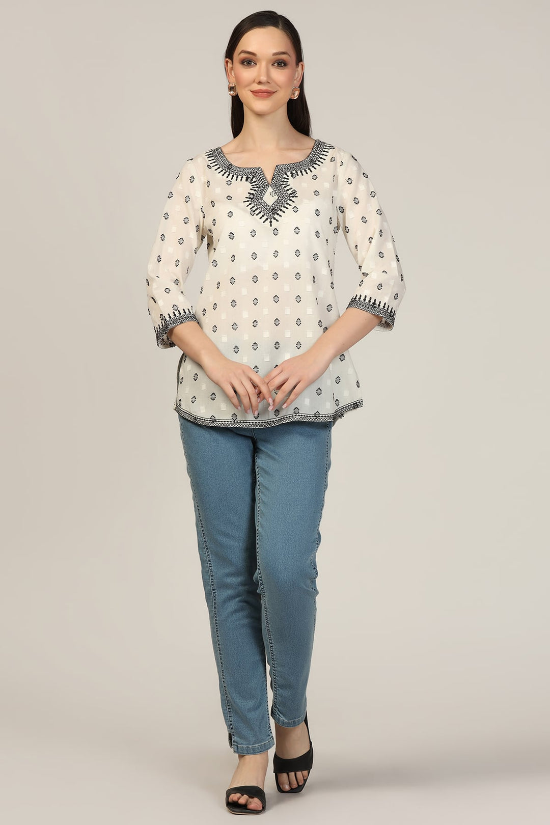 White Cotton Dobby Embroidered Casual Top