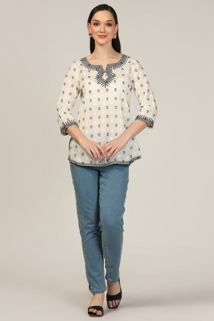 White Cotton Dobby Embroidered Casual Top