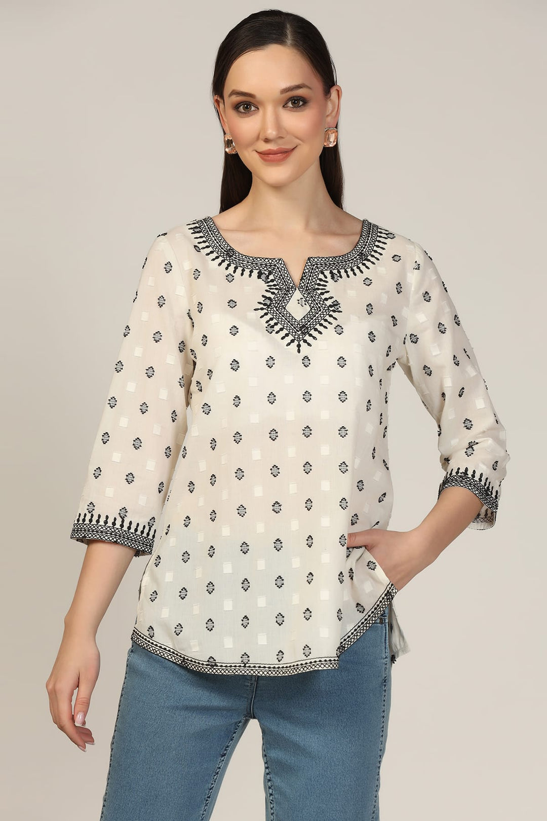 White Cotton Dobby Embroidered Casual Top