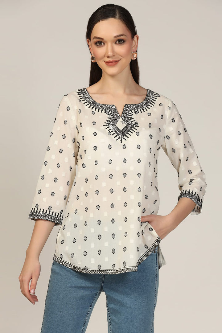 White Cotton Dobby Embroidered Casual Top