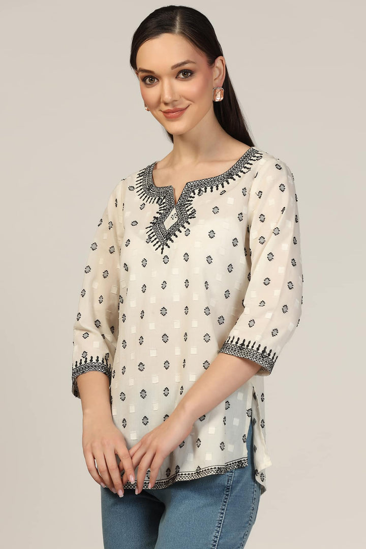 White Cotton Dobby Embroidered Casual Top