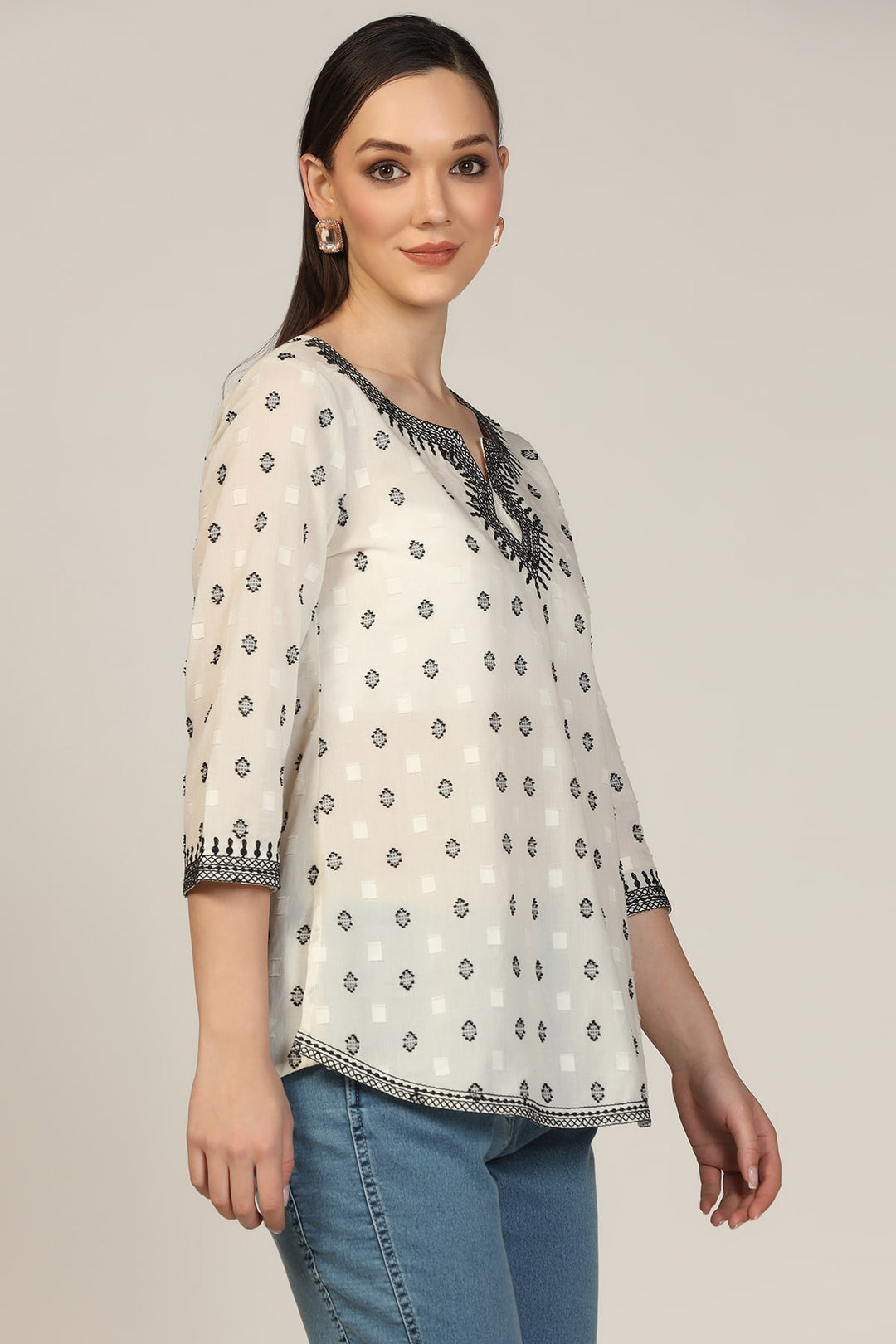 White Cotton Dobby Embroidered Casual Top