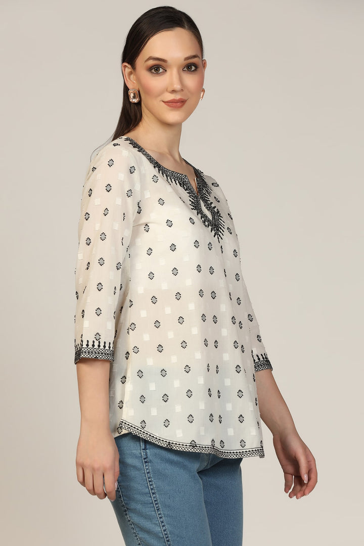 White Cotton Dobby Embroidered Casual Top