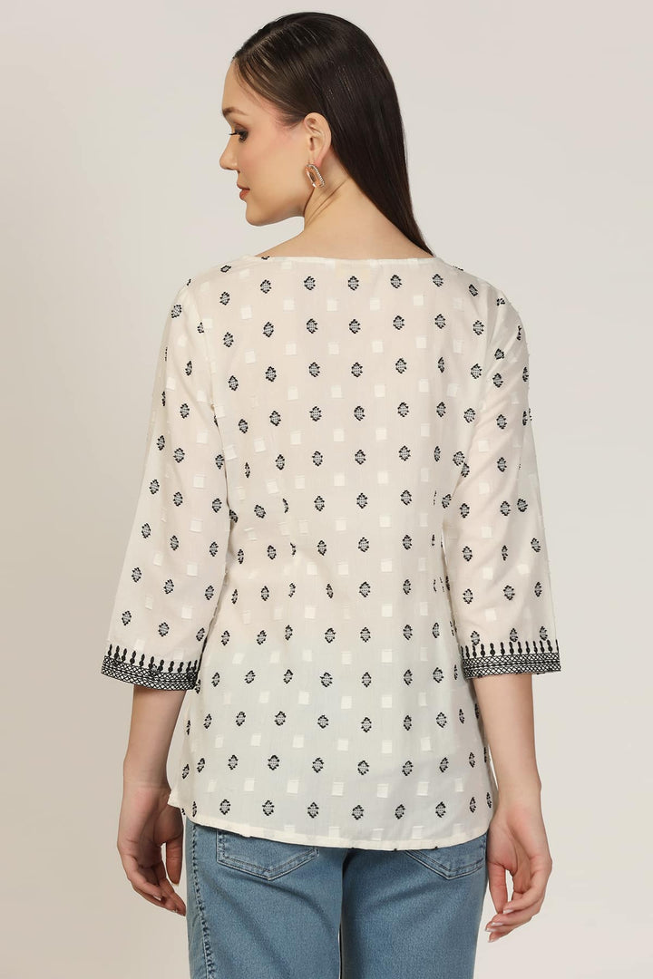 White Cotton Dobby Embroidered Casual Top
