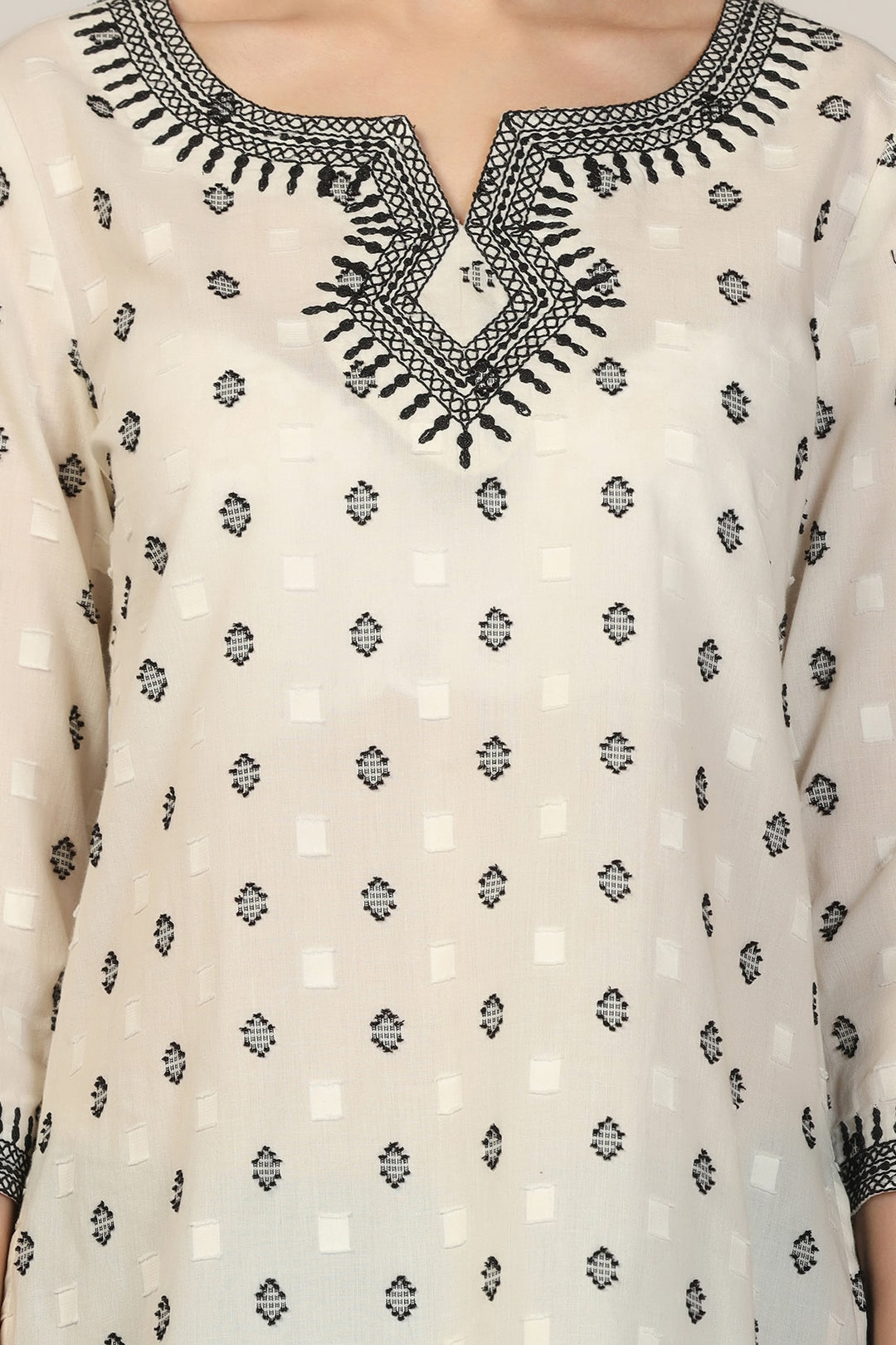 White Cotton Dobby Embroidered Casual Top