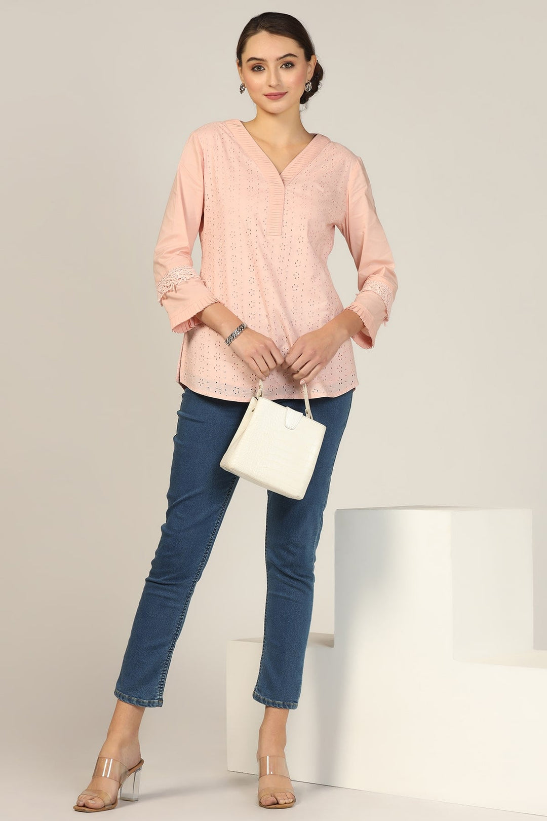 Solid Schiffli Casual Top