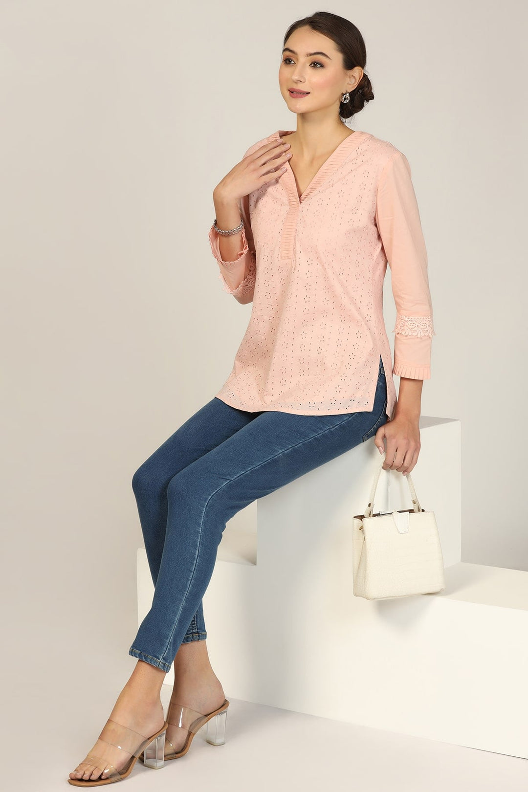 Solid Schiffli Casual Top