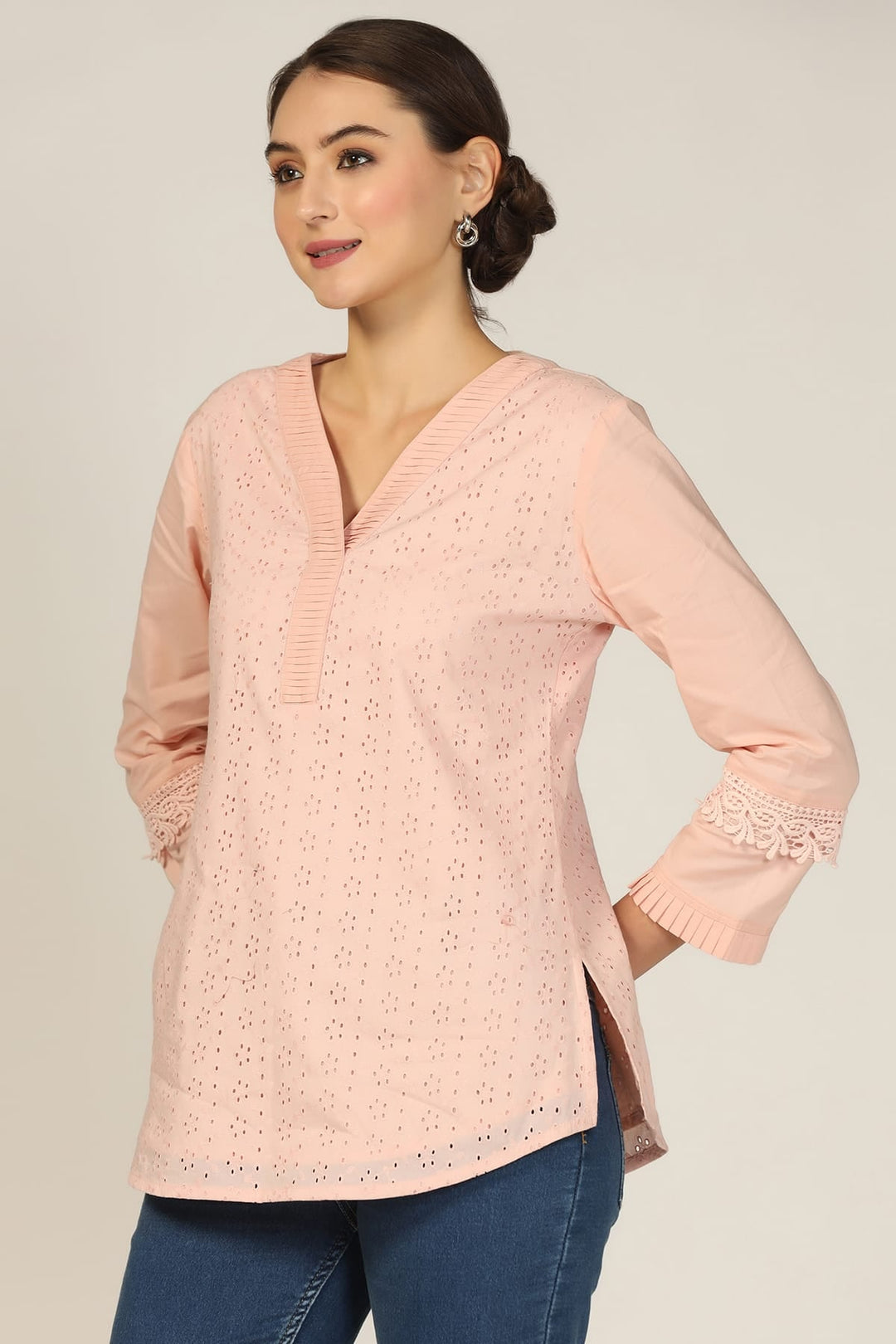 Solid Schiffli Casual Top