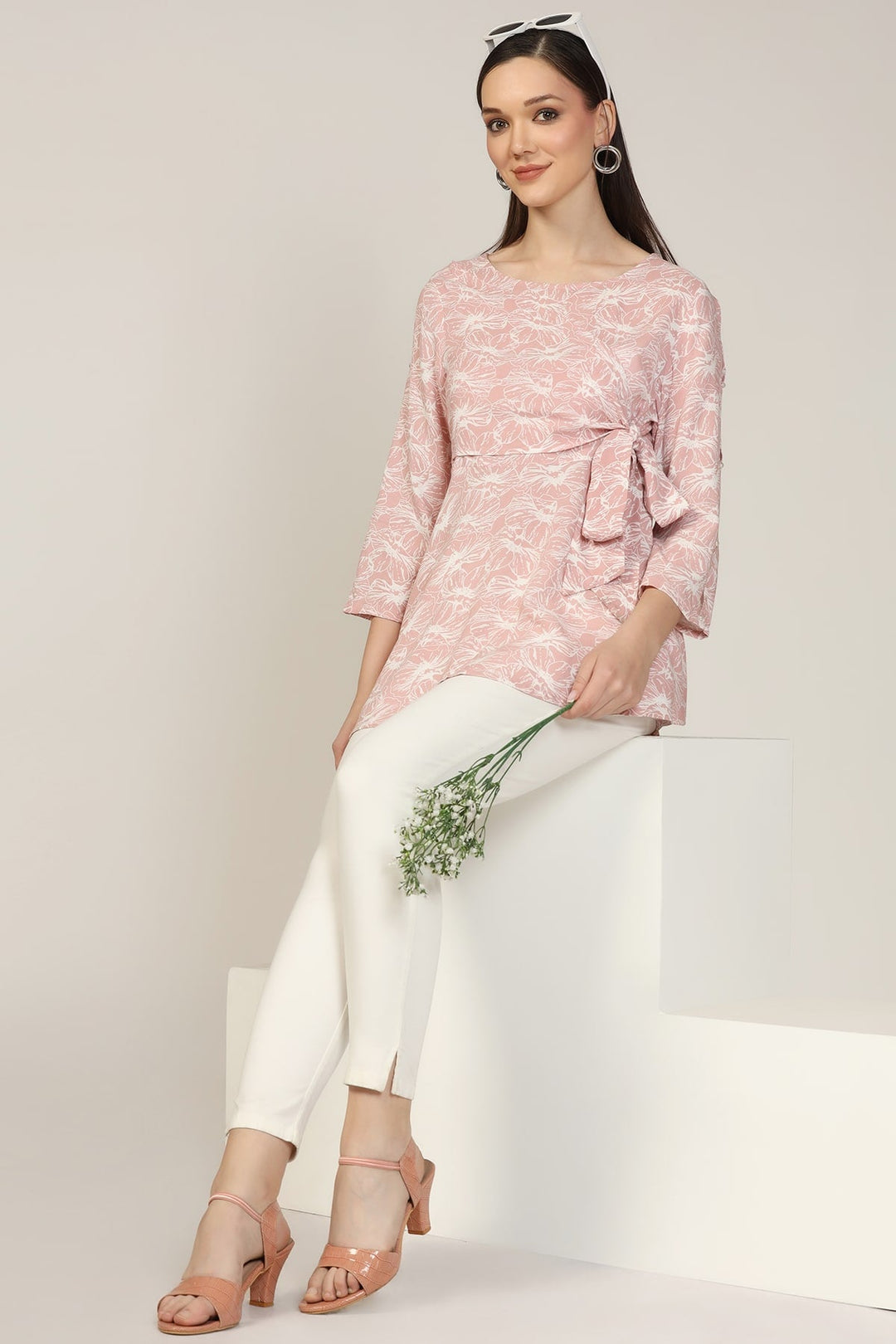 Pink Printed Rayon Round Neck Top