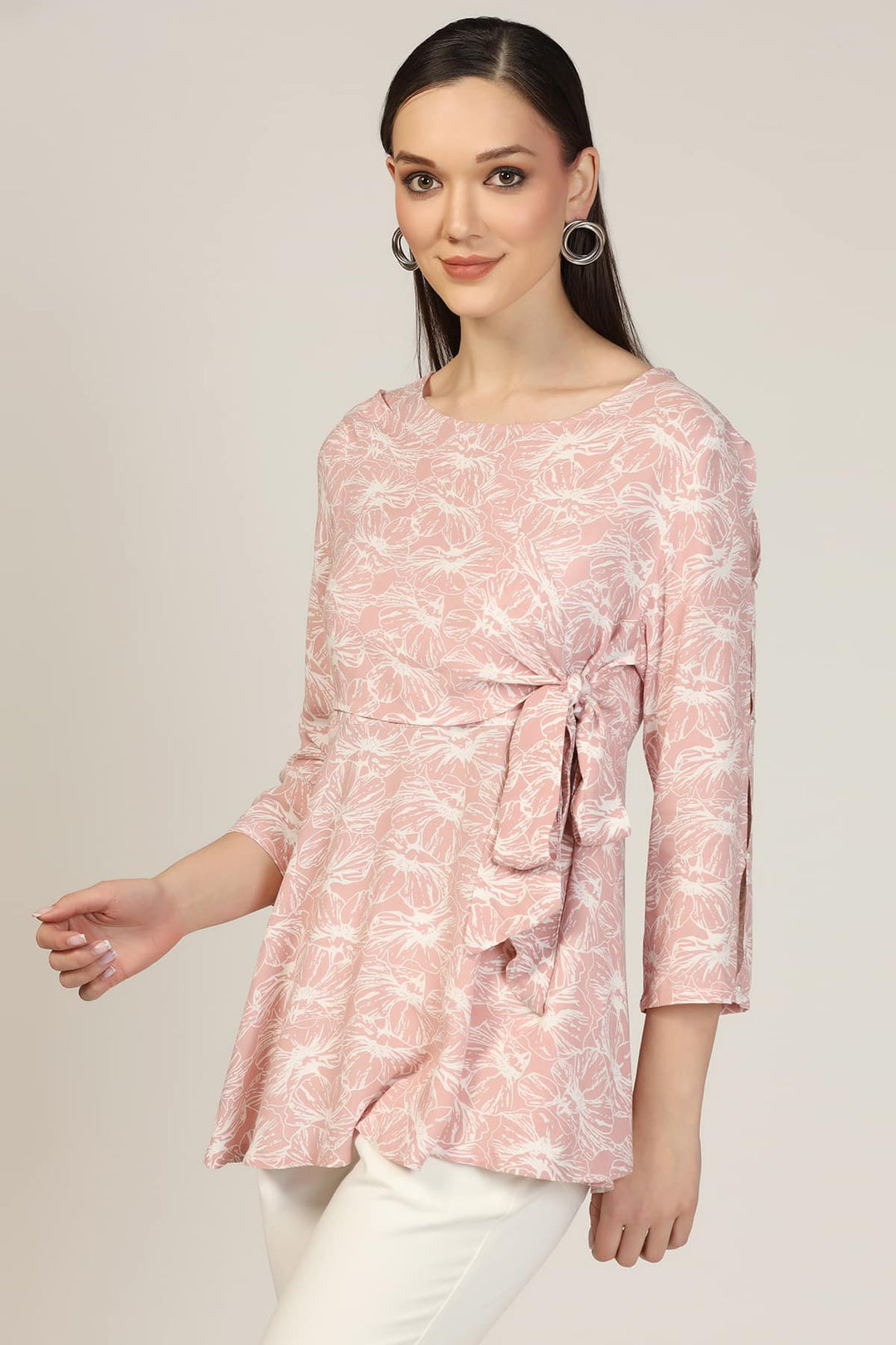 Pink Printed Rayon Round Neck Top