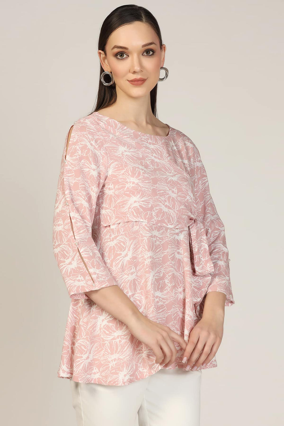 Pink Printed Rayon Round Neck Top