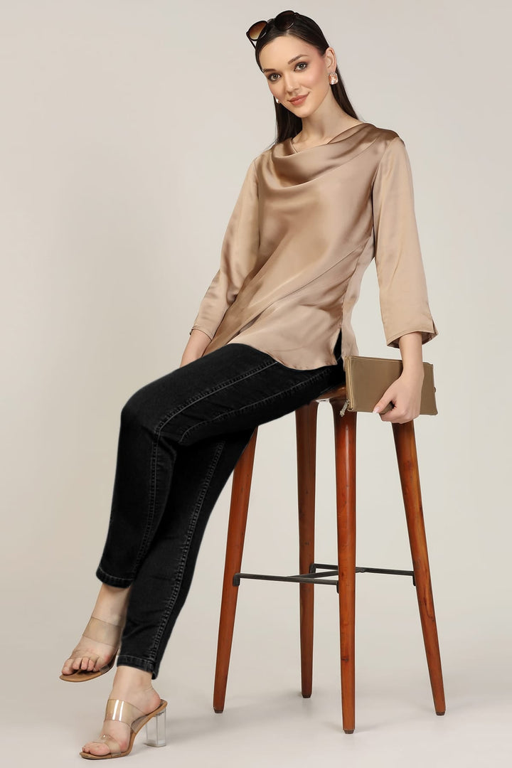 Beige Cowl Neck Casual Top