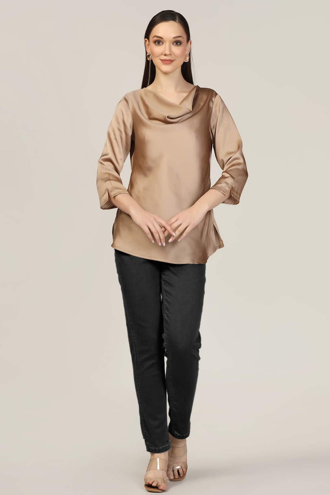 Beige Cowl Neck Casual Top