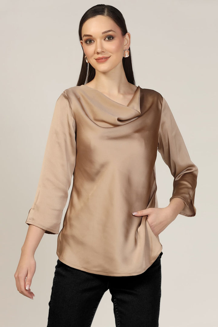 Beige Cowl Neck Casual Top