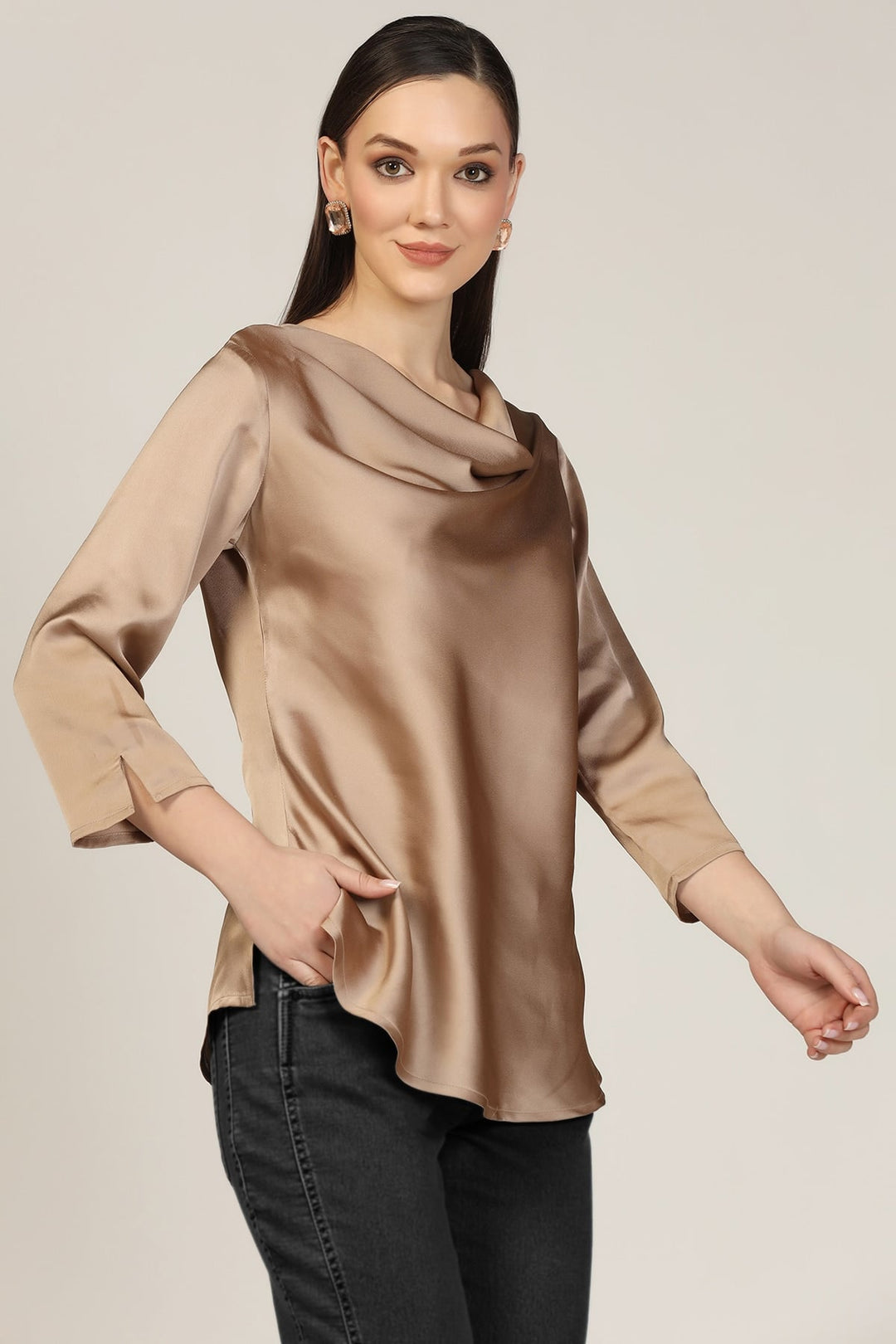 Beige Cowl Neck Casual Top