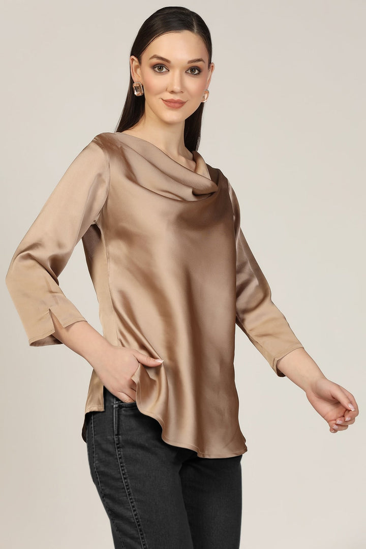 Beige Cowl Neck Casual Top