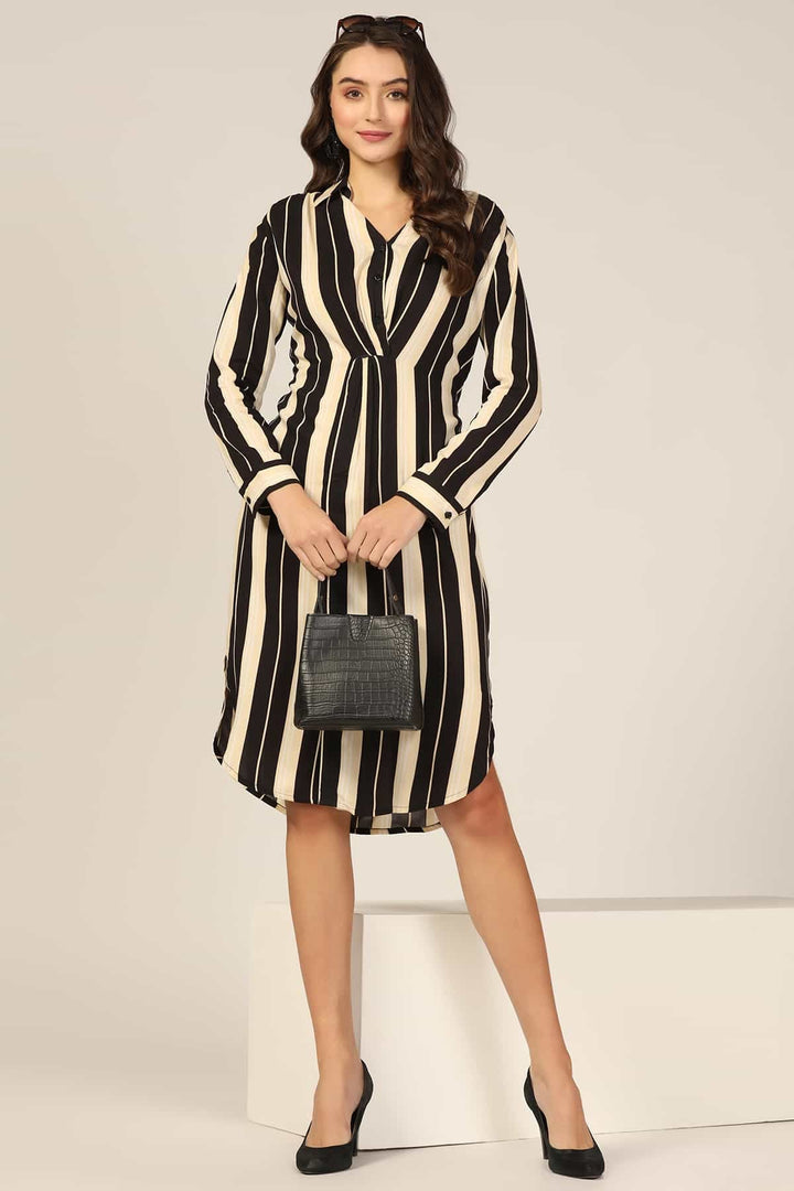 Black &amp; Beige Striped Collared Dress