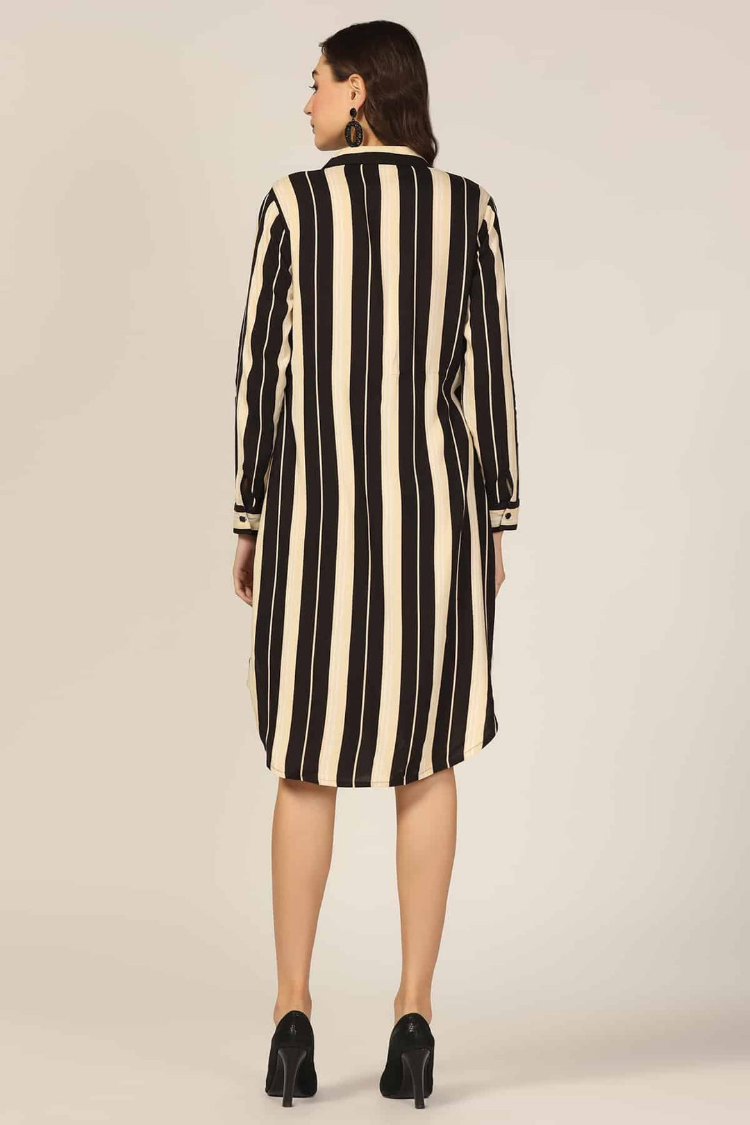 Black &amp; Beige Striped Collared Dress
