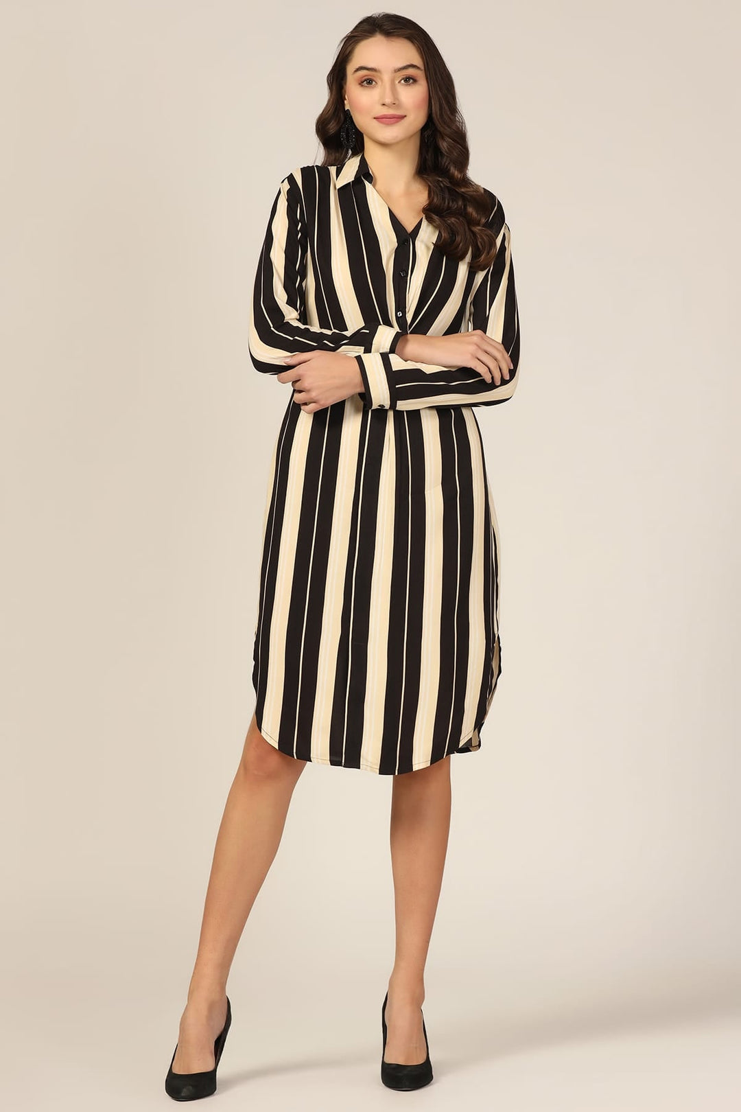 Black &amp; Beige Striped Collared Dress