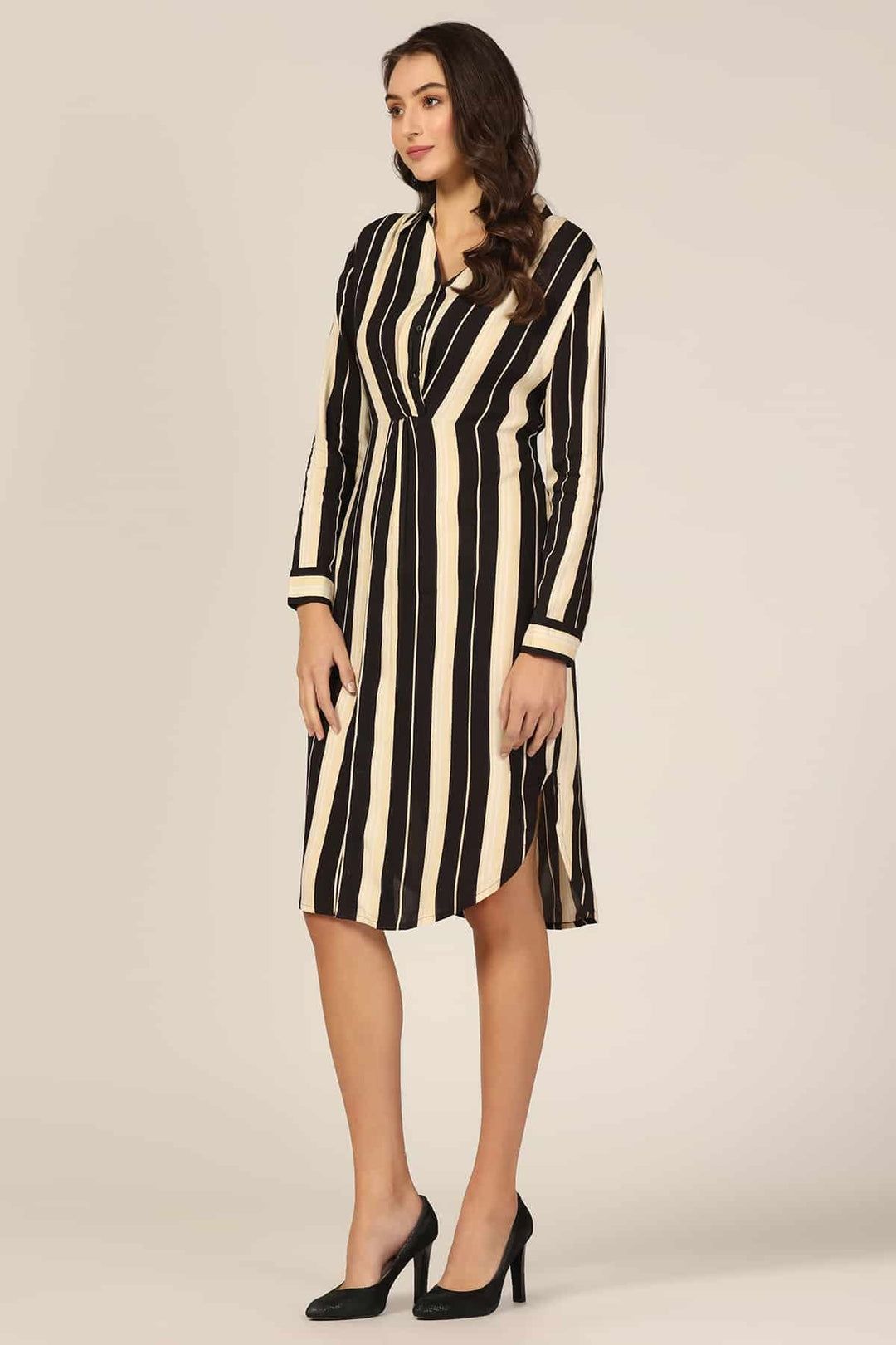 Black &amp; Beige Striped Collared Dress