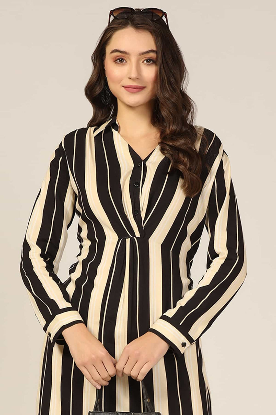 Black &amp; Beige Striped Collared Dress