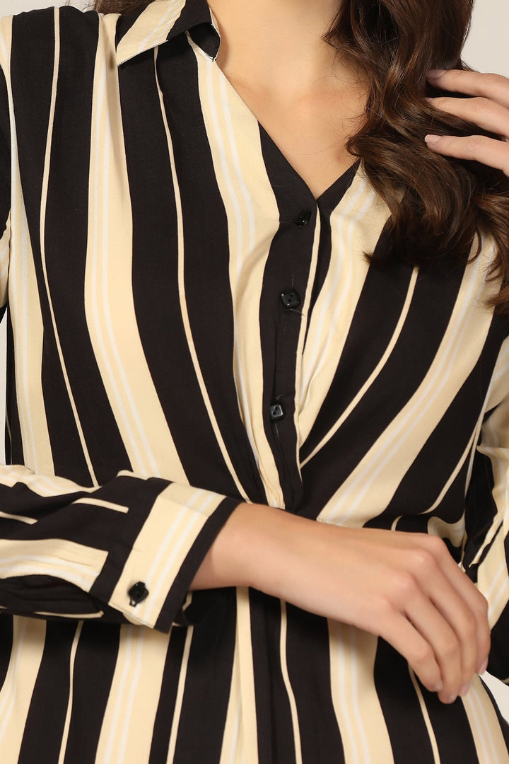 Black &amp; Beige Striped Collared Dress