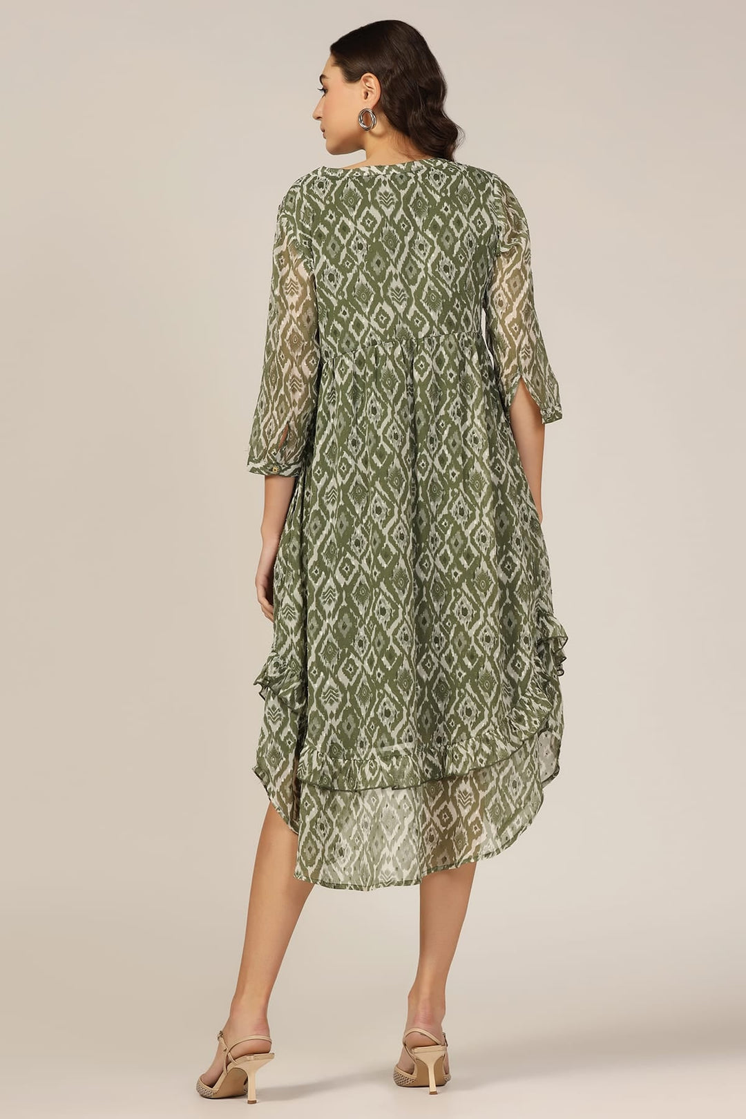 Olive Green Dobby Georgette High Low Dress